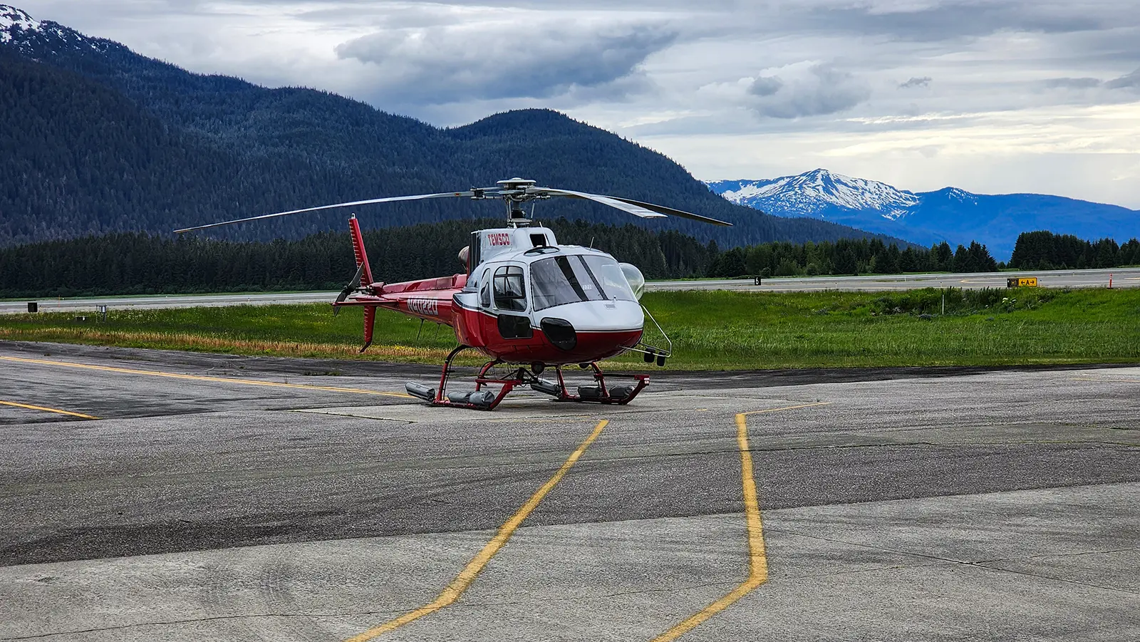 TEMSCO helicopter on the helipad in Juneau, Alaska, ready for the Mendenhall Glacier flightseeing tour