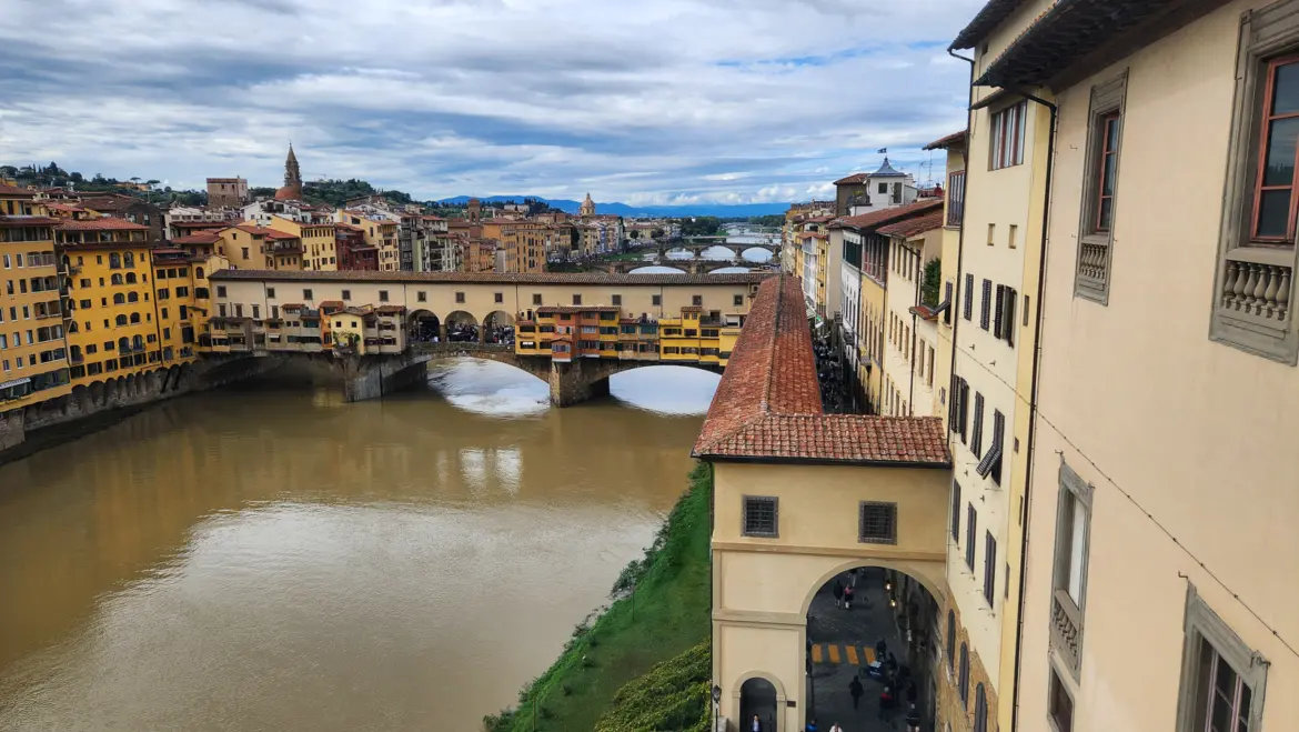 View of the Arno River and Ponte Vecchio from the Uffizi Gallery in Florence