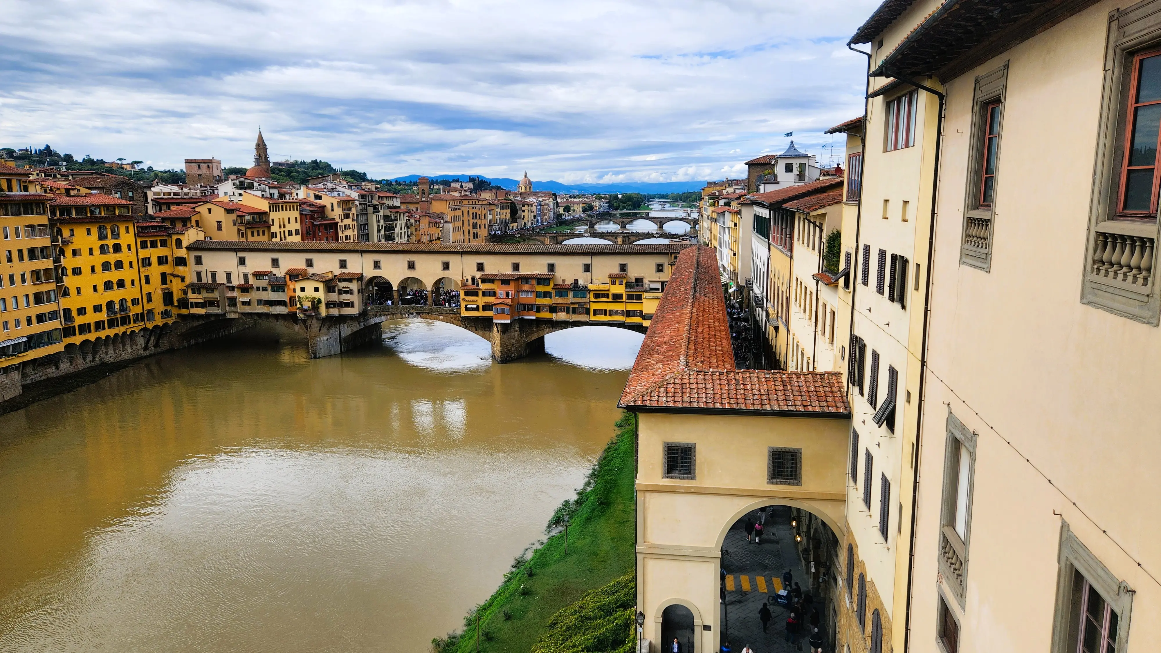 View of the Arno River and Ponte Vecchio from the Uffizi Gallery in Florence