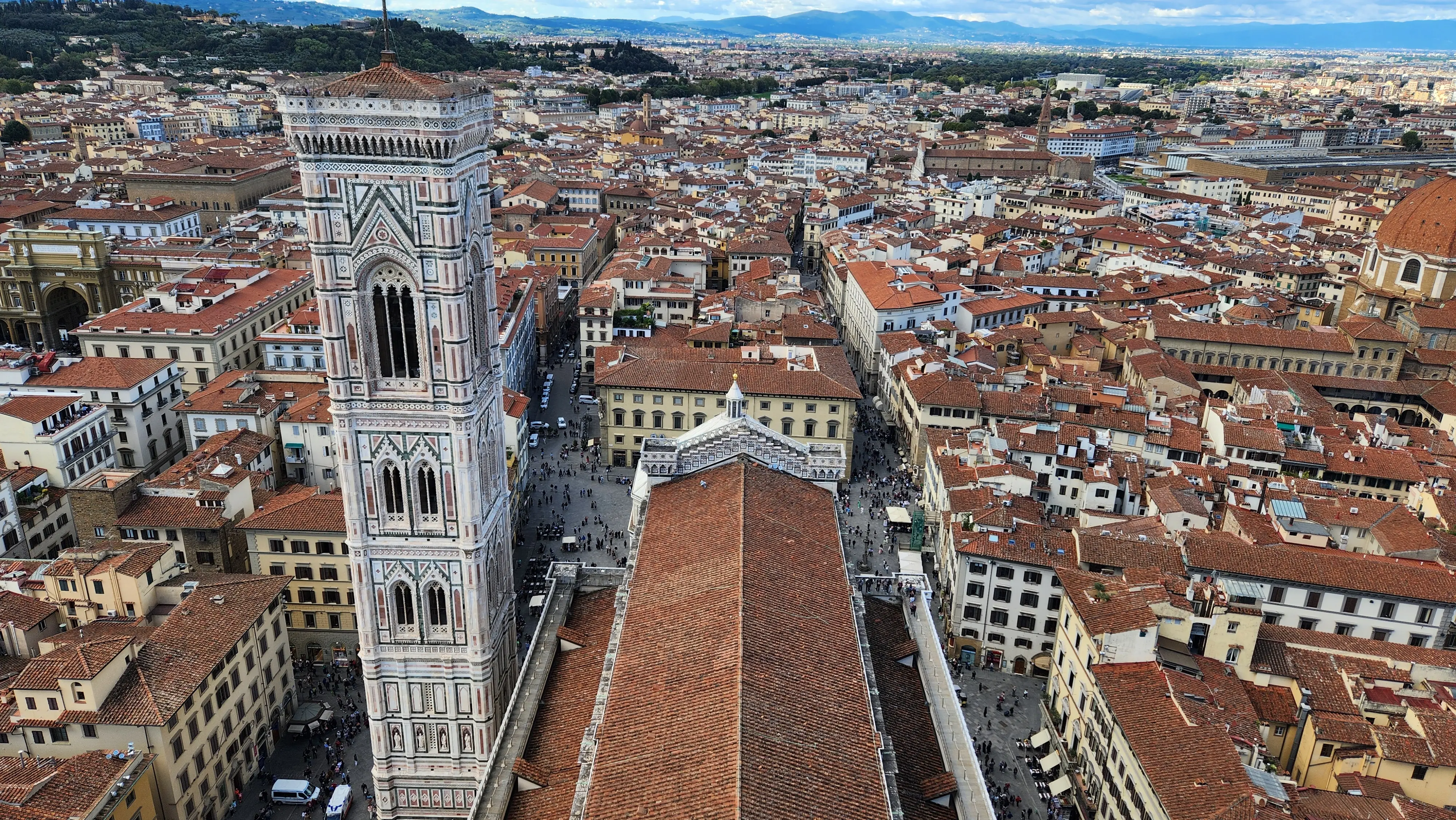 Panoramic view over Florence from the top of Brunelleschi’s dome with Giotto’s Campanile