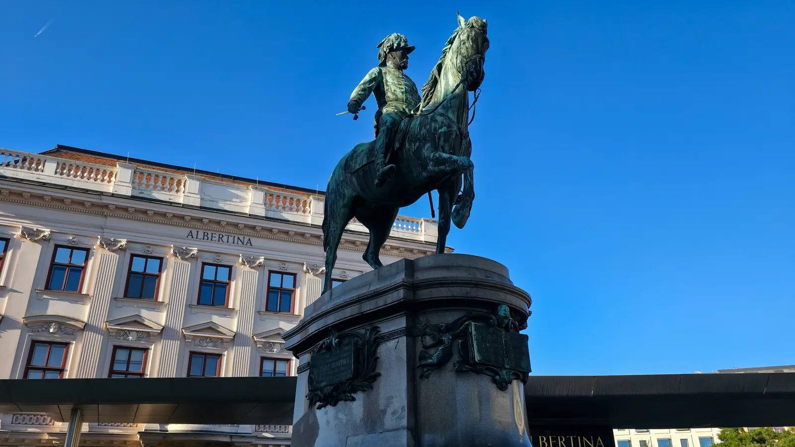 Close-up of the Archduke Albrecht equestrian statue on the Albrechtsrampe near the Albertina in Vienna