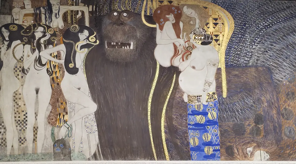Close-up of the central wall of the Beethoven Frieze by Gustav Klimt, depicting Typhon, the Gorgons, and symbolic hostile forces at the Vienna Secession