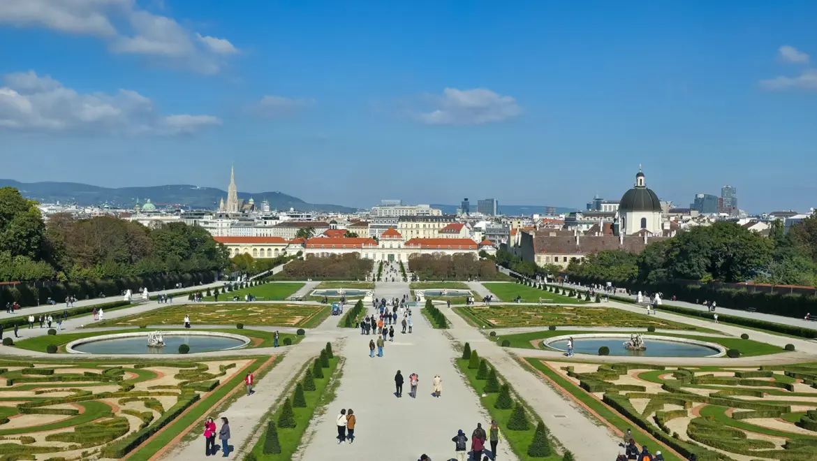 The terraced Baroque gardens of the Belvedere in Vienna looking toward the Lower Belvedere and the city skyline