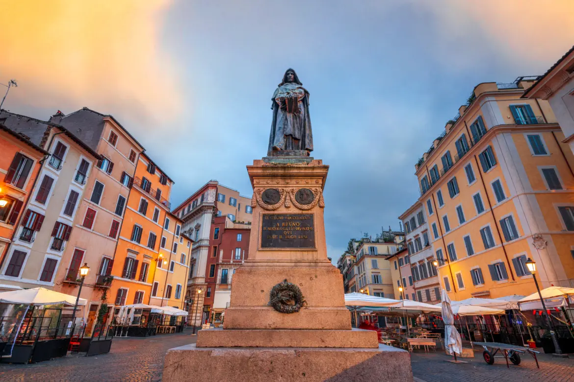 Campo de' Fiori piazza in Rome, Italy, with colorful buildings and bustling daily life