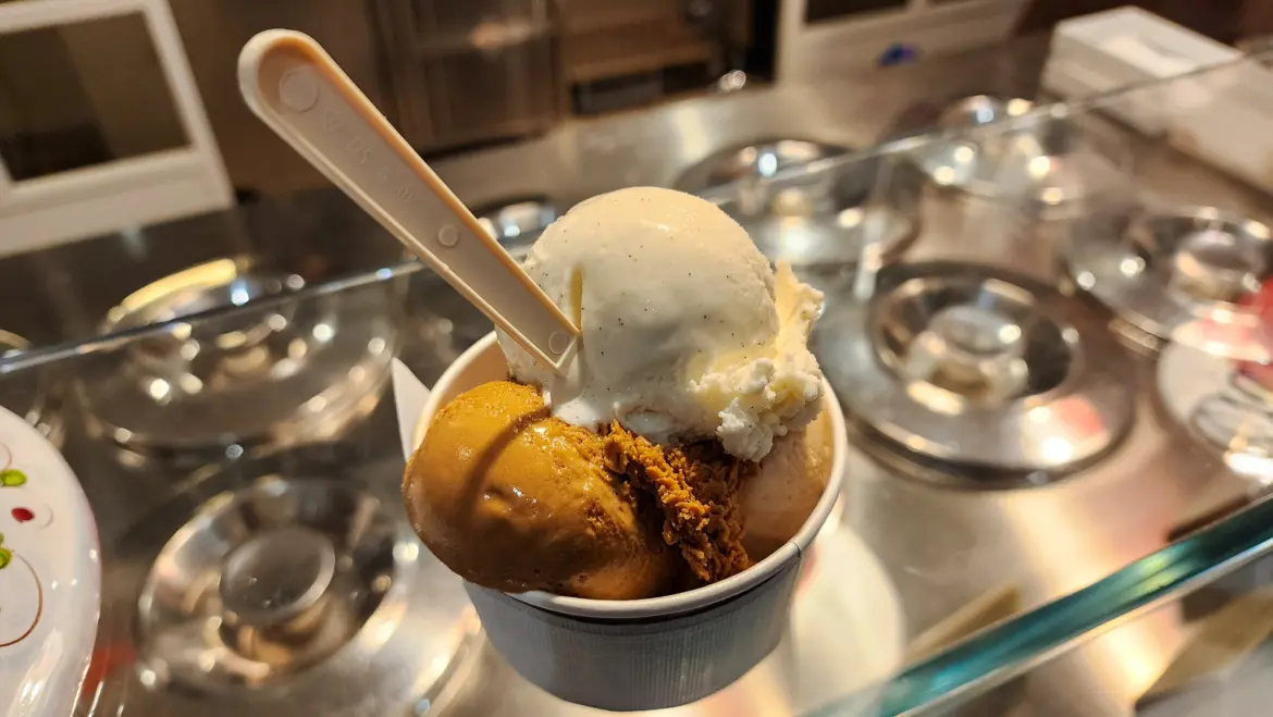 Artisan gelato from Gelateria della Passera in Florence’s Oltrarno district, with rich handcrafted flavors in a traditional Italian cone