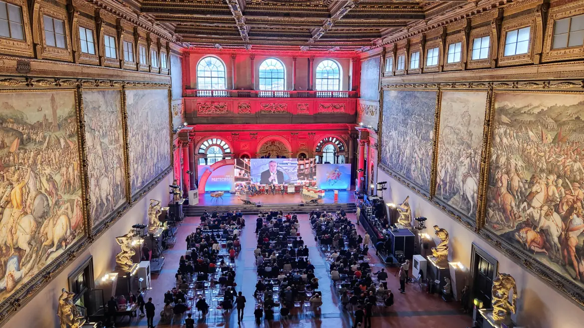 The Salone dei Cinquecento (Hall of the Five Hundred) inside Palazzo Vecchio in Florence, a vast Renaissance hall with monumental frescoes and gilded ceiling