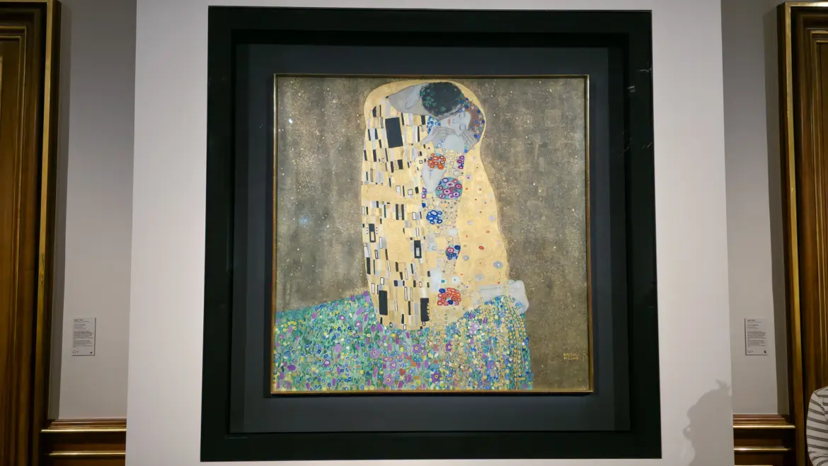 The Kiss by Gustav Klimt displayed at the Upper Belvedere in Vienna, one of the most iconic masterpieces of the Vienna Secession