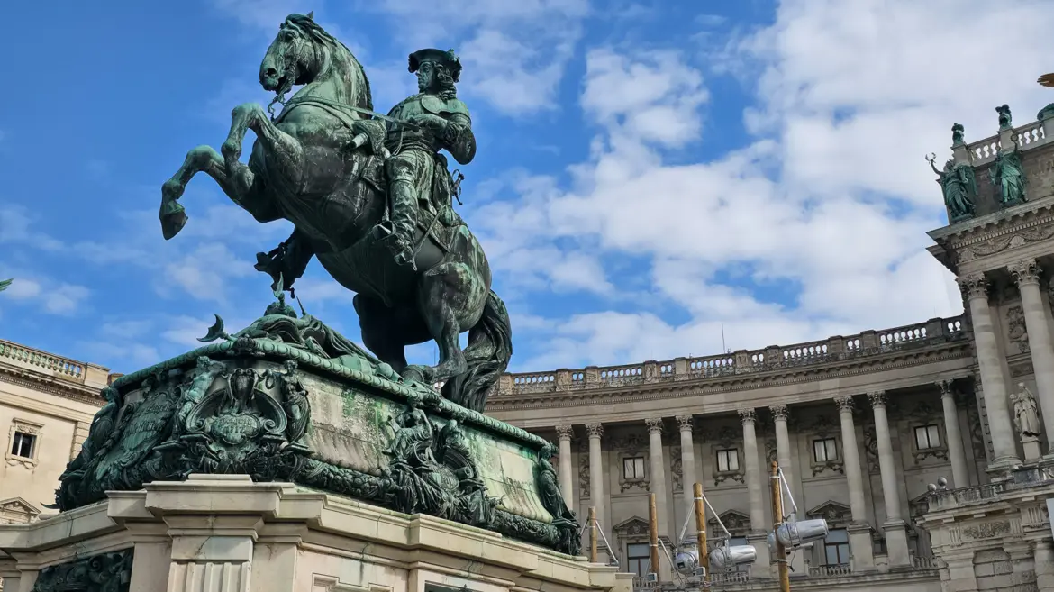 Equestrian statue of Prince Eugene of Savoy in Heldenplatz Vienna, honoring the Habsburg commander who helped push Ottoman forces from Central Europe, sculpted by Anton Dominik Fernkorn