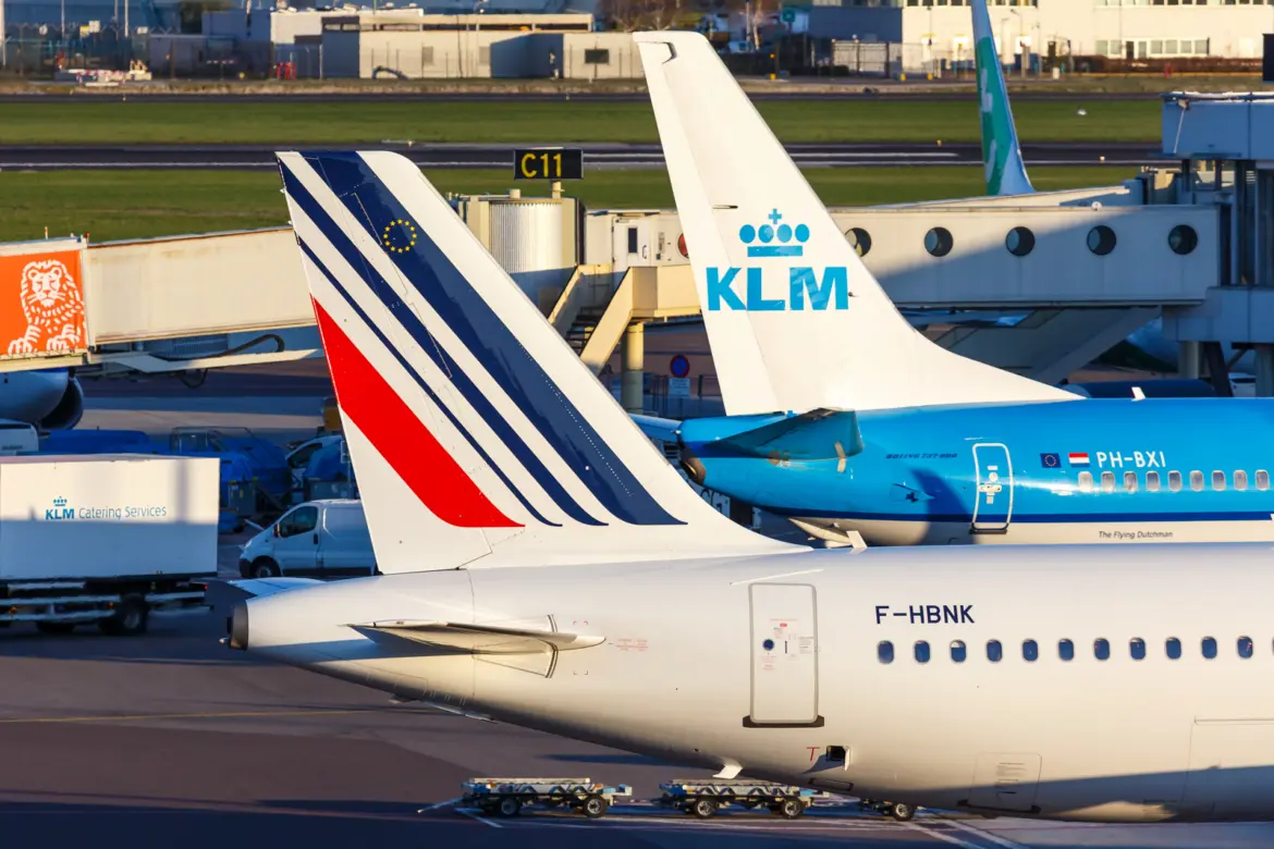 KLM and Air France aircraft parked at Amsterdam Schiphol Airport