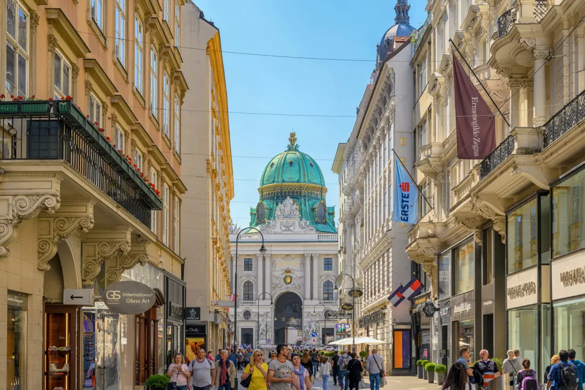 View of Kohlmarkt in Vienna with the domed façade of the Hofburg Palace visible at the end of the street