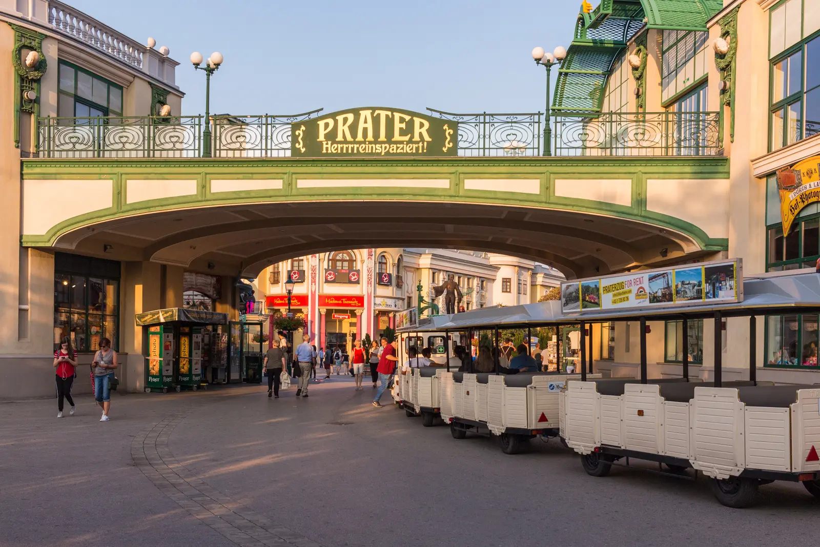 The main entrance to the Wurstelprater at the end of Prater Hauptallee, a lively gateway into one of Vienna’s most iconic attractions