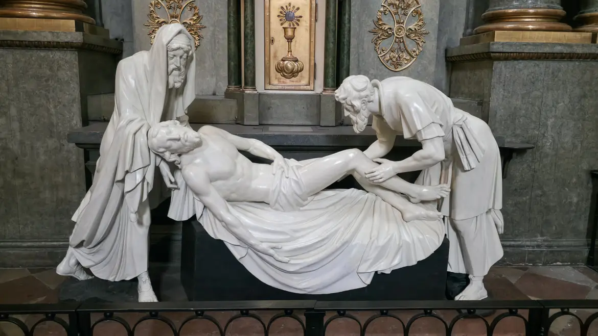 Marble sculpture of the Deposition of Christ inside St. Michael’s Church in Vienna, a devotional work rendered with tenderness and restraint