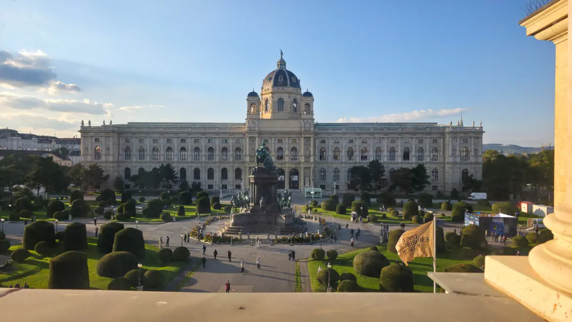 Maria-Theresien-Platz seen from the Kunsthistorisches Museum, unfolding in perfect symmetry around the Maria Theresa monument