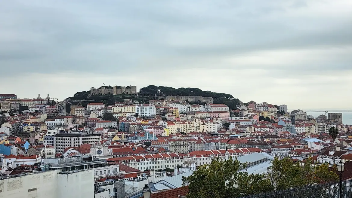 Panoramic view from Miradouro de São Pedro de Alcântara overlooking Lisbon's rooftops and Castelo de São Jorge under overcast skies
