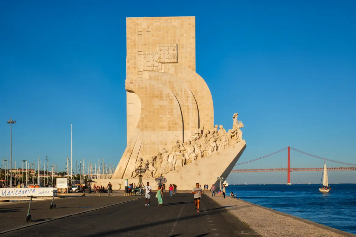 The Monument of the Discoveries in Belém, Lisbon, with sculpted figures facing the Tagus River