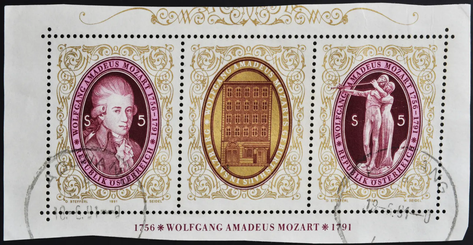 A 1991 Austrian postage stamp depicting Wolfgang Amadeus Mozart, reflecting the composer’s enduring influence on Austrian culture