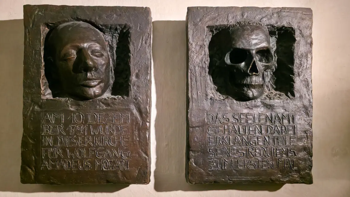 Mozart memorial plaque inside St. Michael’s Church in Vienna, marking the 1791 service where parts of his Requiem were first performed