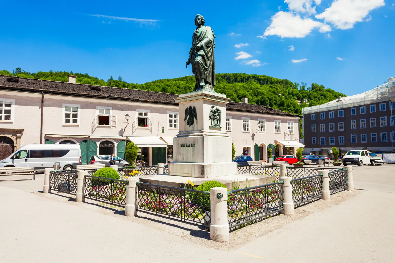 The Mozart monument at Mozartplatz in Salzburg, honouring the composer in the city where his musical journey began
