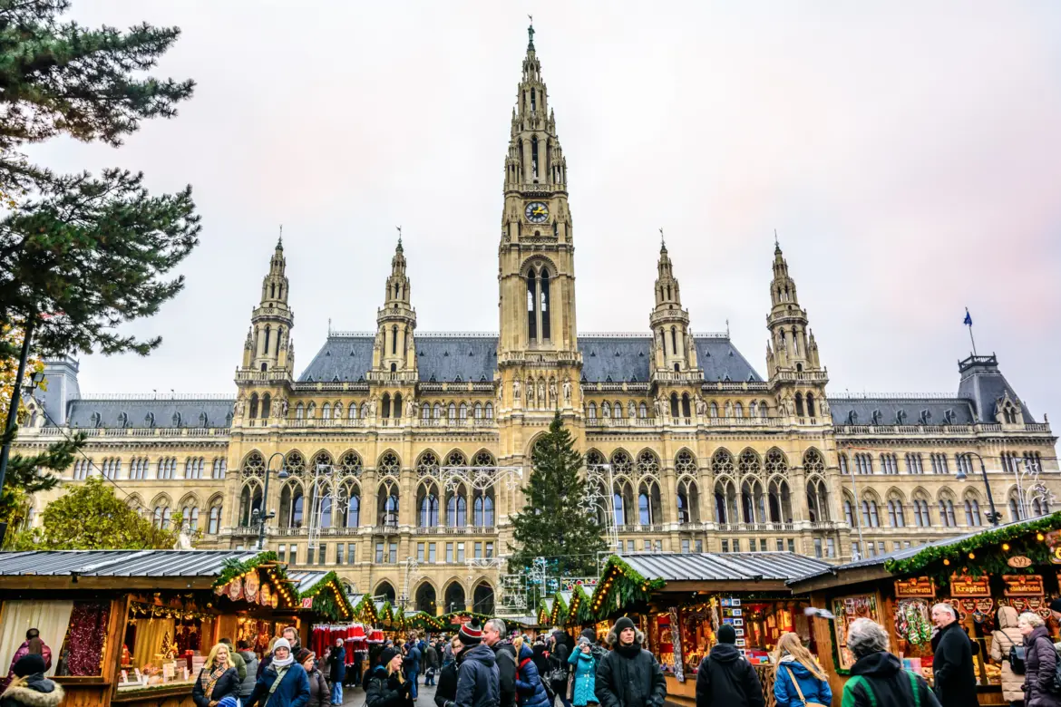 Rathausplatz in Vienna transformed into a magical Christmas market in front of the neo-Gothic City Hall