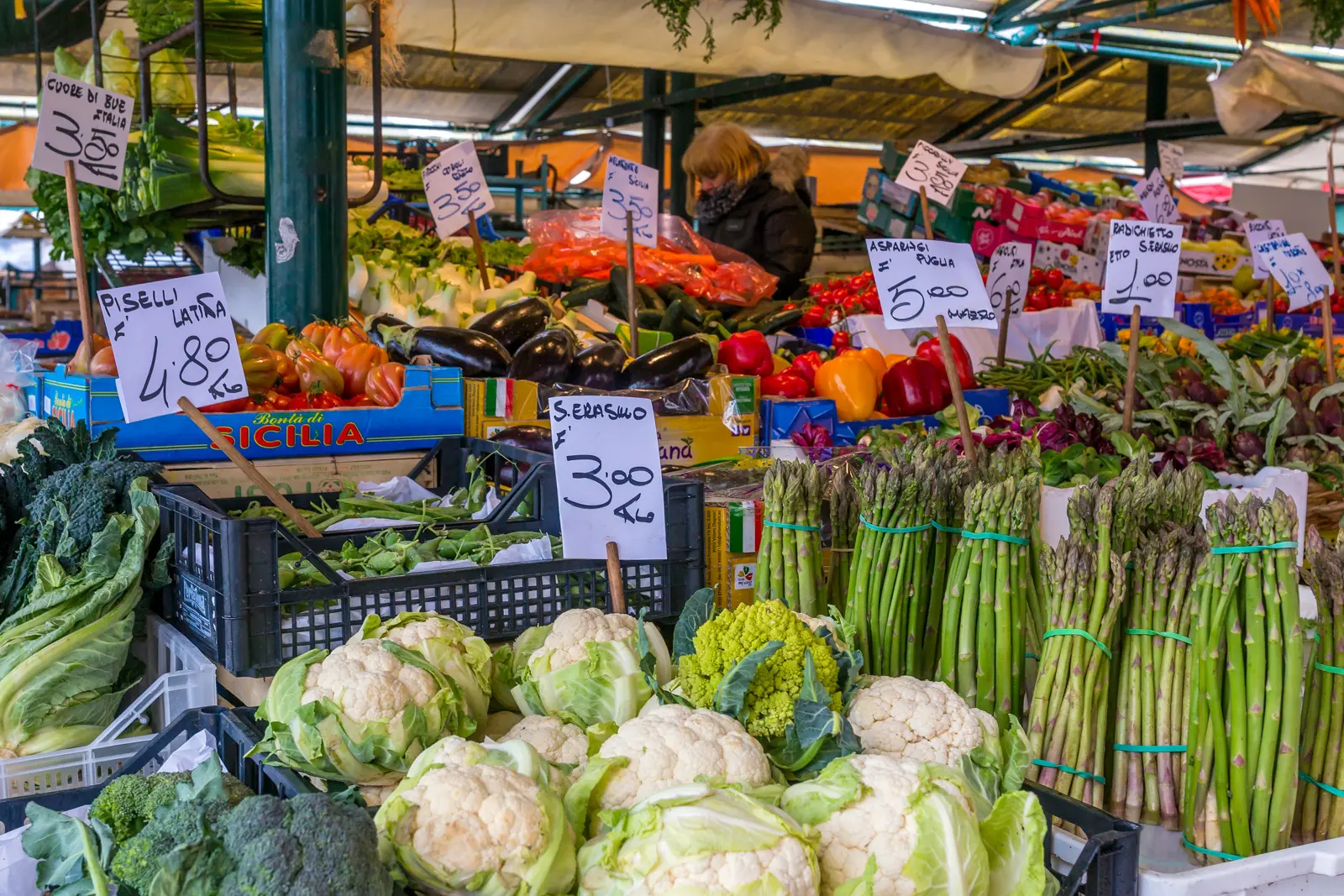 Colorful fresh produce at the Rialto Market in Venice, Italy