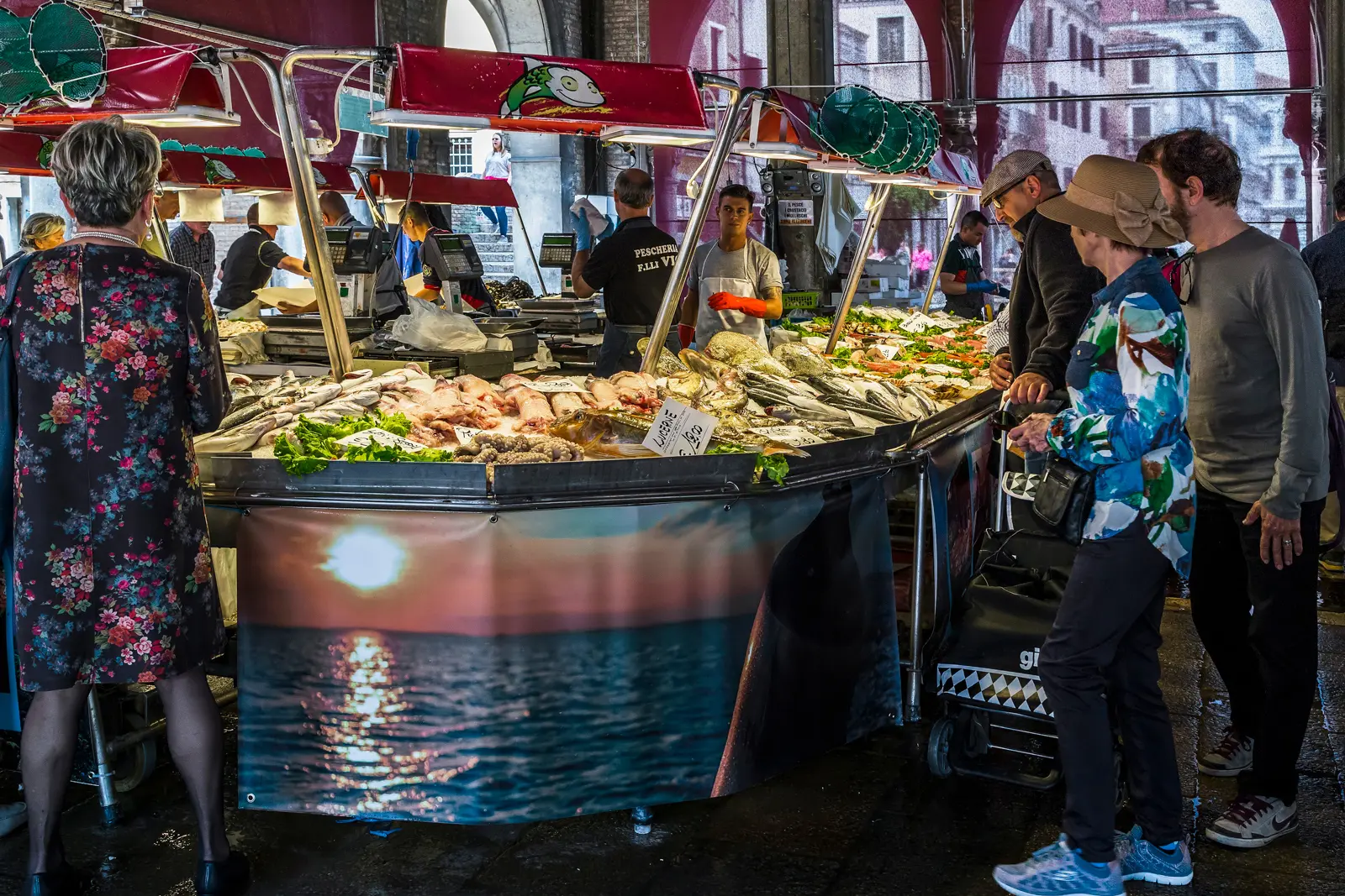 Fruits and vegetables at the Rialto Market in Venice displayed in the morning light