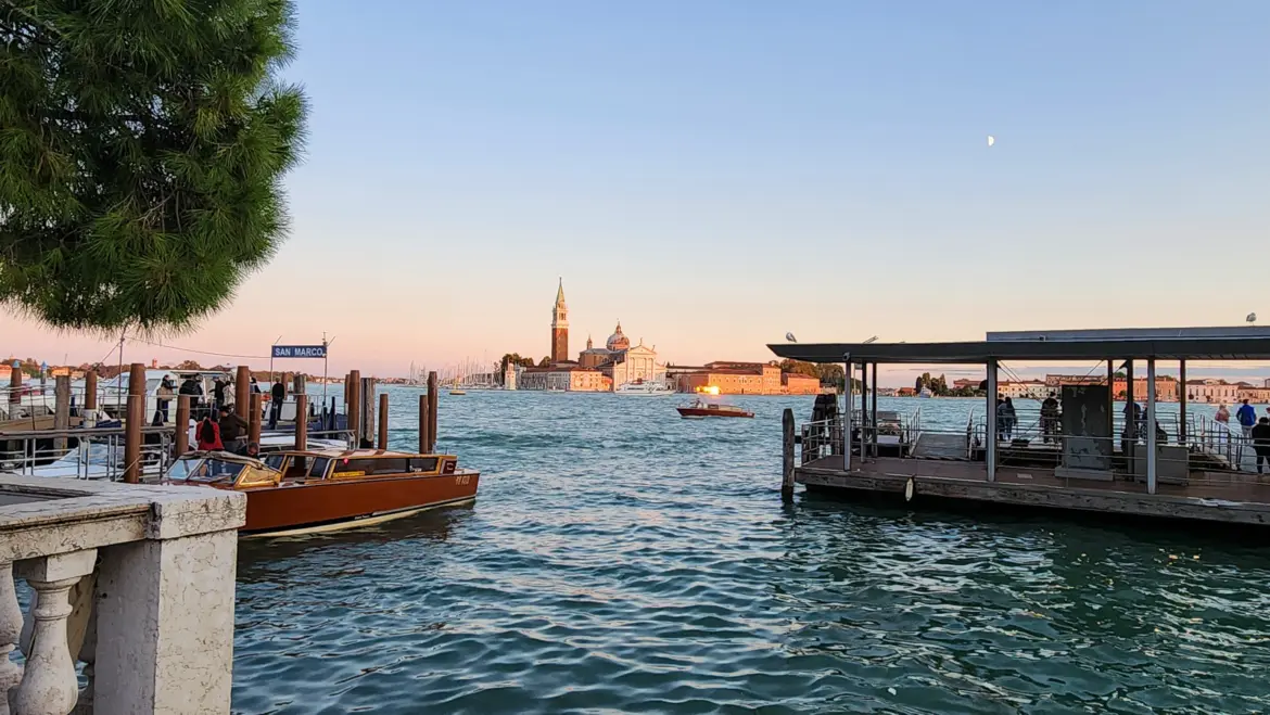 View of San Giorgio Maggiore from the Royal Gardens (Giardini Reali) near St Mark's Square in Venice, Italy