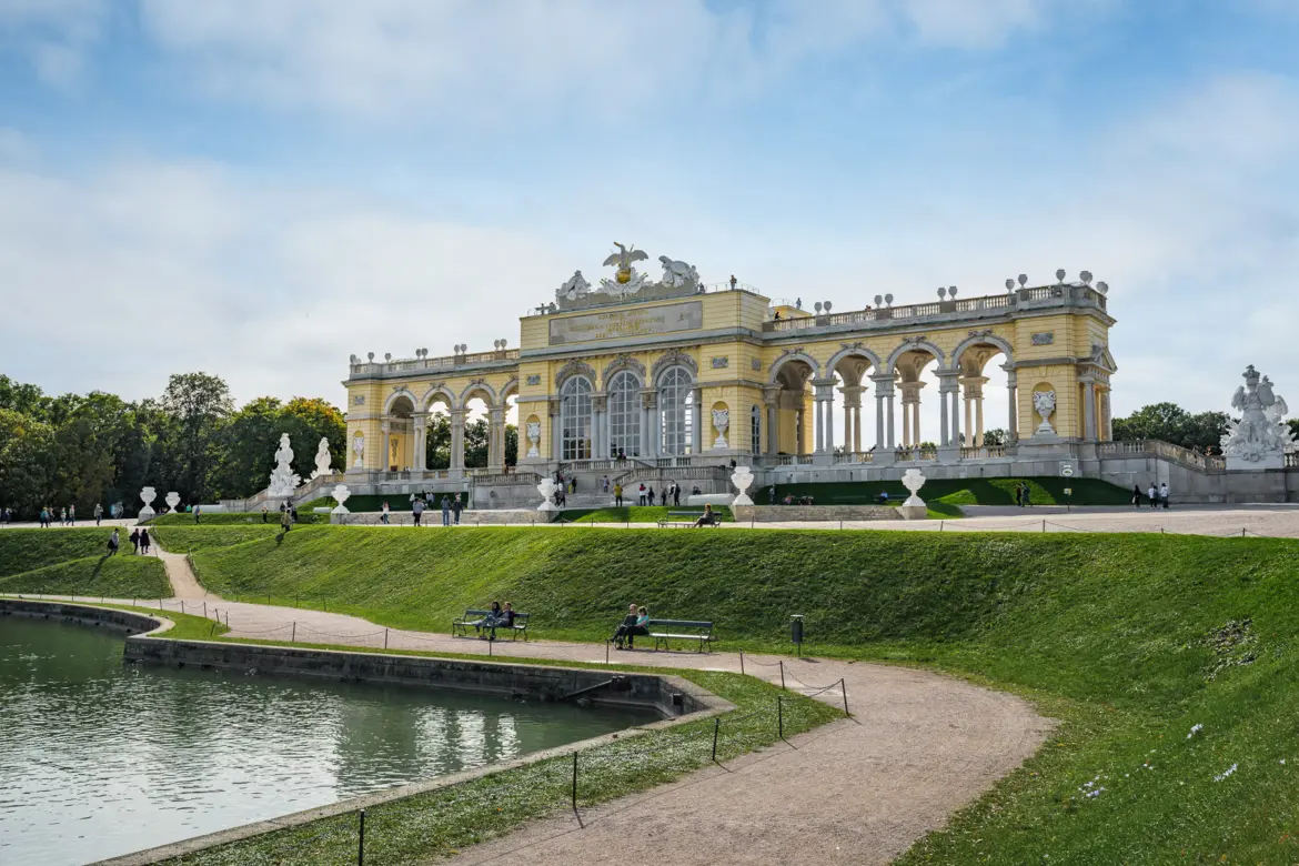 Close view of the neoclassical Gloriette at Schönbrunn Palace in Vienna, featuring elegant arches and graceful colonnades designed by Johann Ferdinand Hetzendorf von Hohenberg