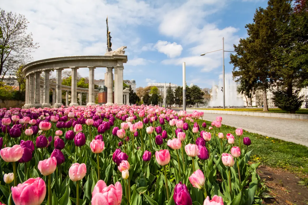 Schwarzenbergplatz in Vienna with seasonal blooms and the Hochstrahlbrunnen creating a vibrant and elegant cityscape
