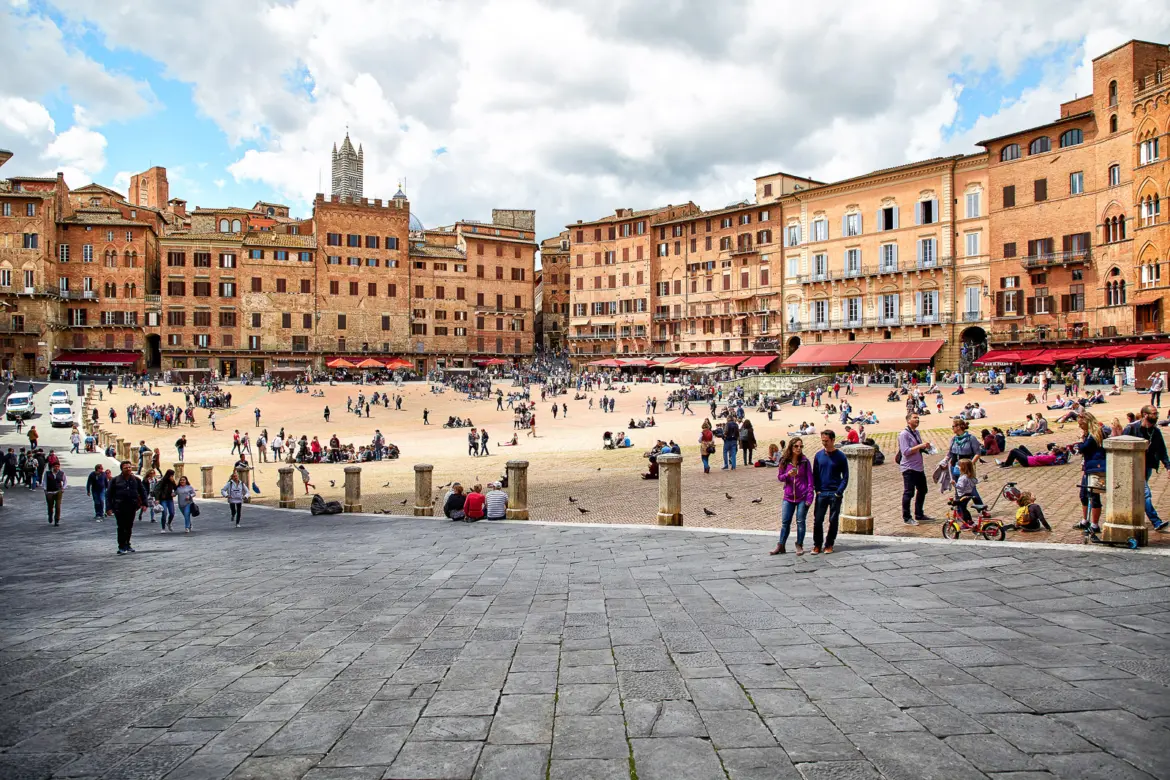 Piazza del Campo in Siena, the shell-shaped medieval square at the heart of the city, surrounded by historic buildings and known for the famous Palio horse race