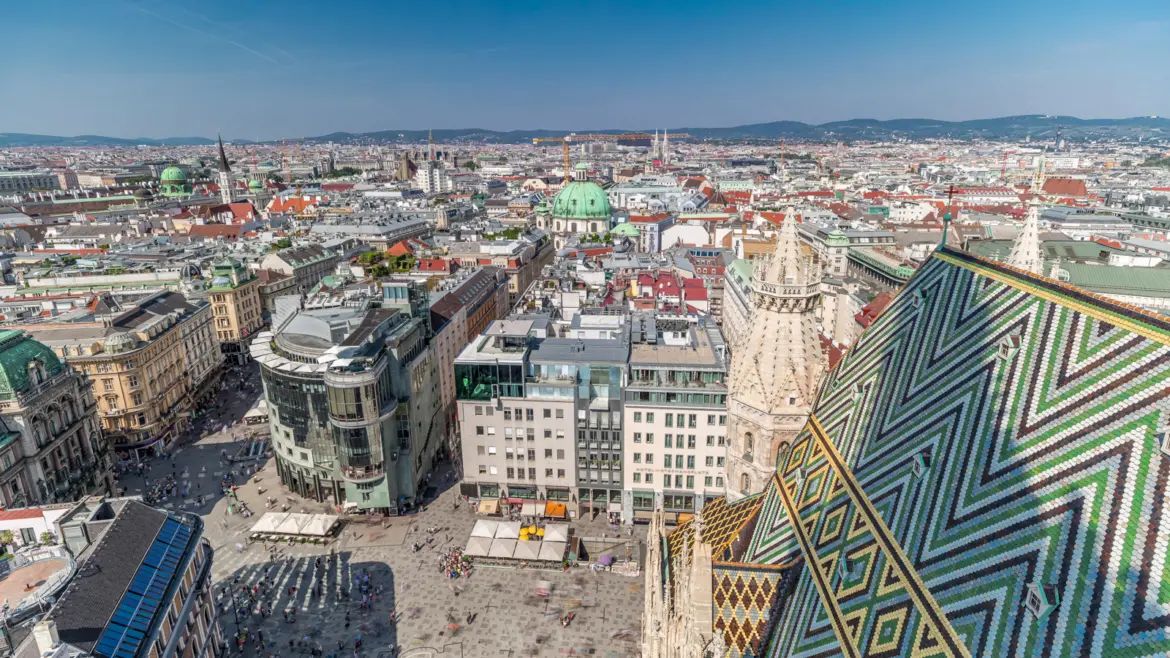 Panoramic view of Stephansplatz from the tower of St Stephen's Cathedral in Vienna
