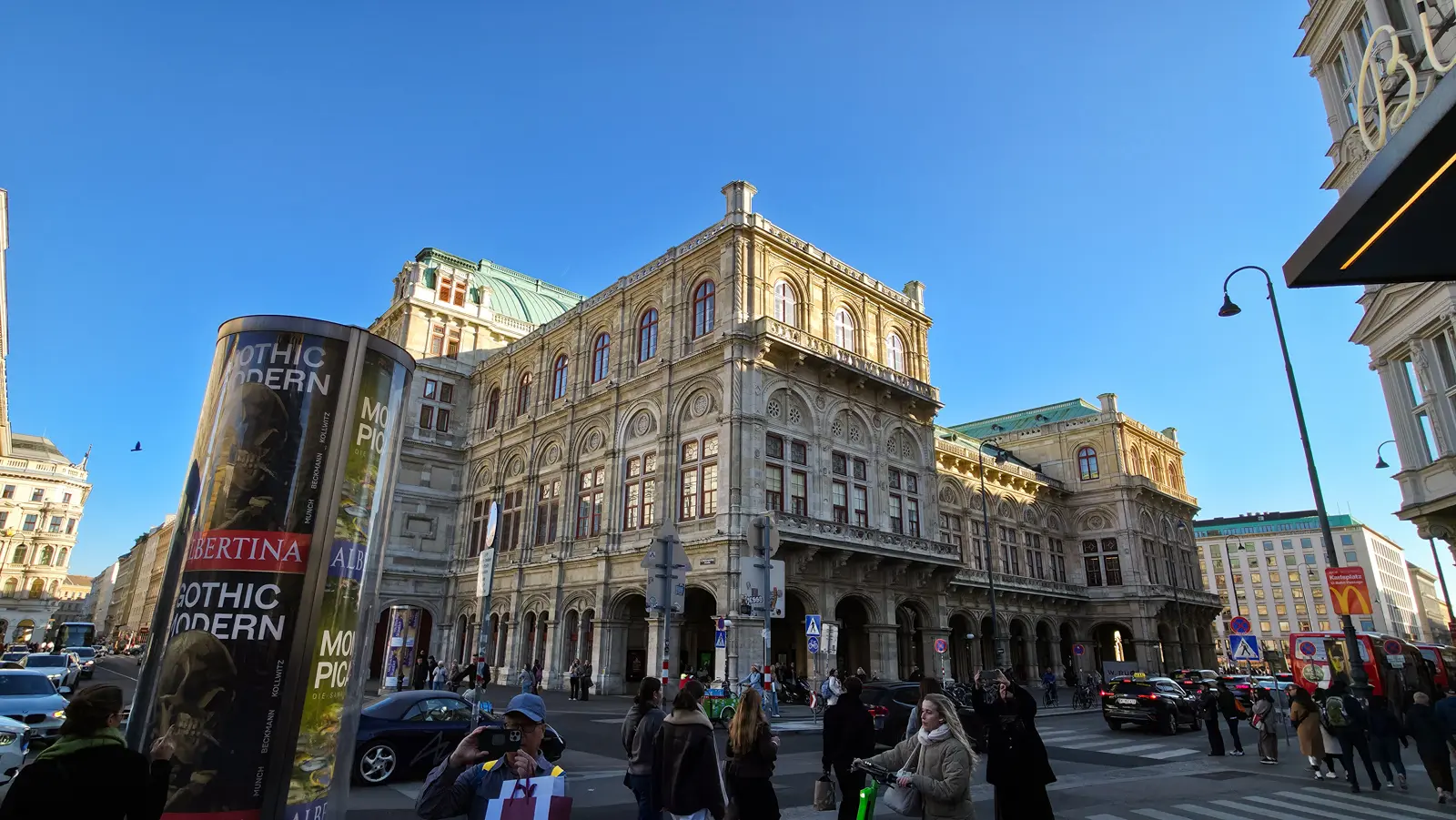 The Vienna State Opera viewed from near Bitzinger Würstelstand, one of the most famous sausage stands in Vienna’s historic center