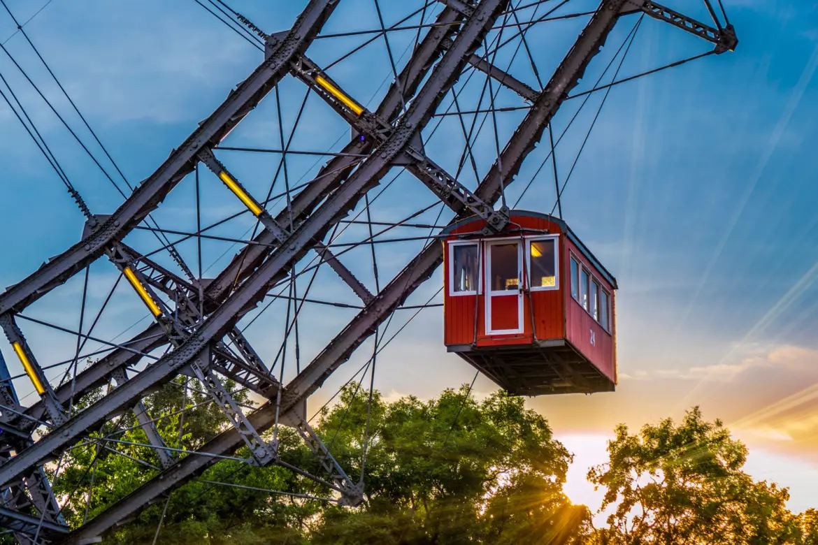 The iconic Wiener Riesenrad Ferris wheel with its distinctive red cabins at Vienna’s Wurstelprater