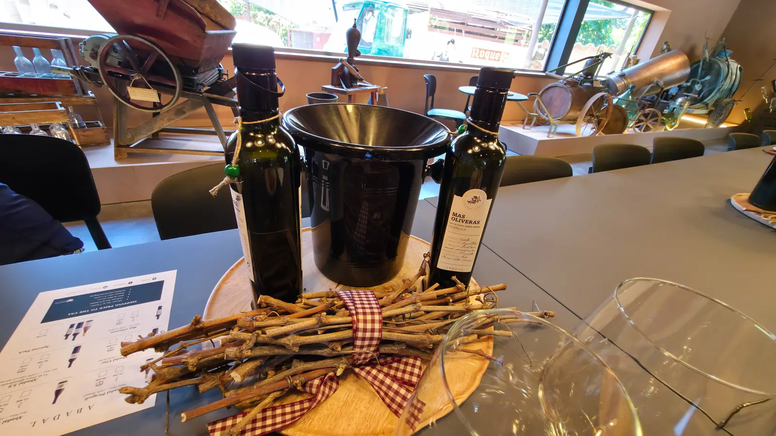 A bottle of Abadal's estate olive oil pressed from Corbella olives grown on the winery grounds in the Pla de Bages, served alongside the wine tasting