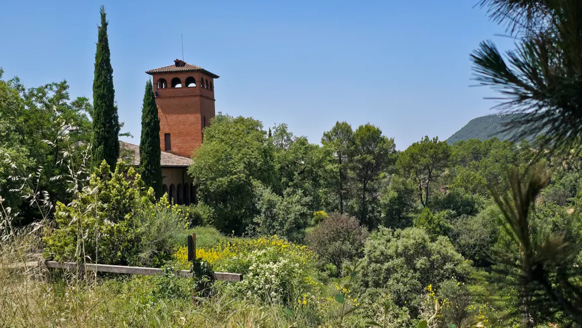 The welcoming entrance to Abadal Winery in the Pla de Bages wine region near Barcelona, where rolling vineyards and Mediterranean forest meet eight centuries of Catalan winemaking tradition