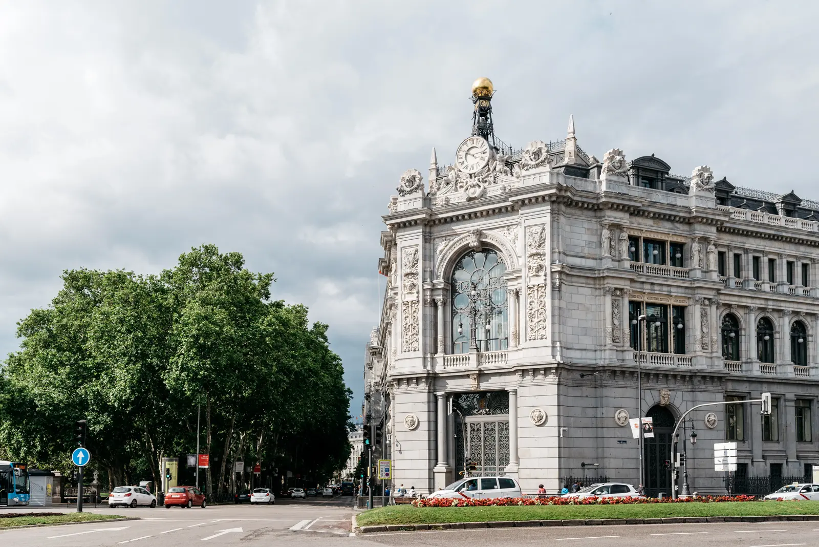 Banco de España building at Plaza de Cibeles in Madrid with richly decorated façade and wrought-iron details