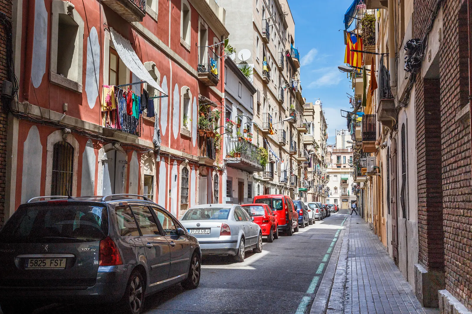Barceloneta district in Barcelona with its characteristic narrow streets and pastel façades