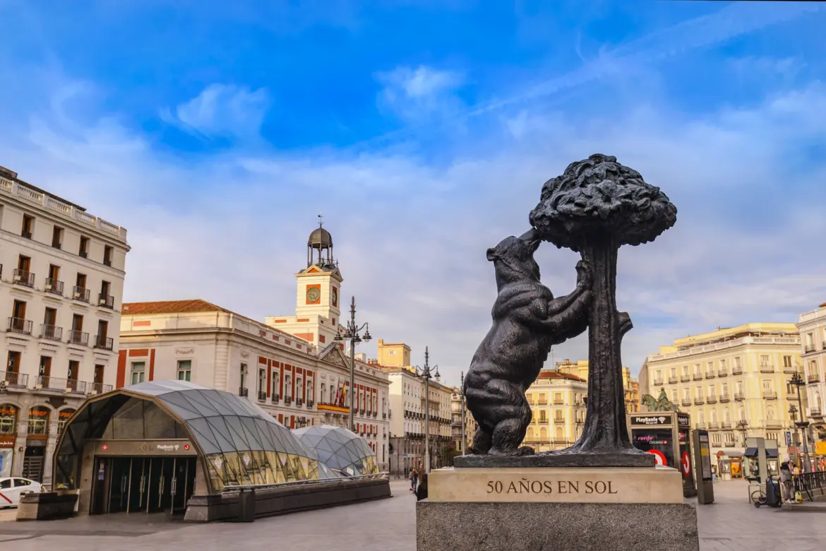 The Bear and the Strawberry Tree statue (El Oso y el Madroño) at Puerta del Sol in Madrid, the heraldic symbol of the city