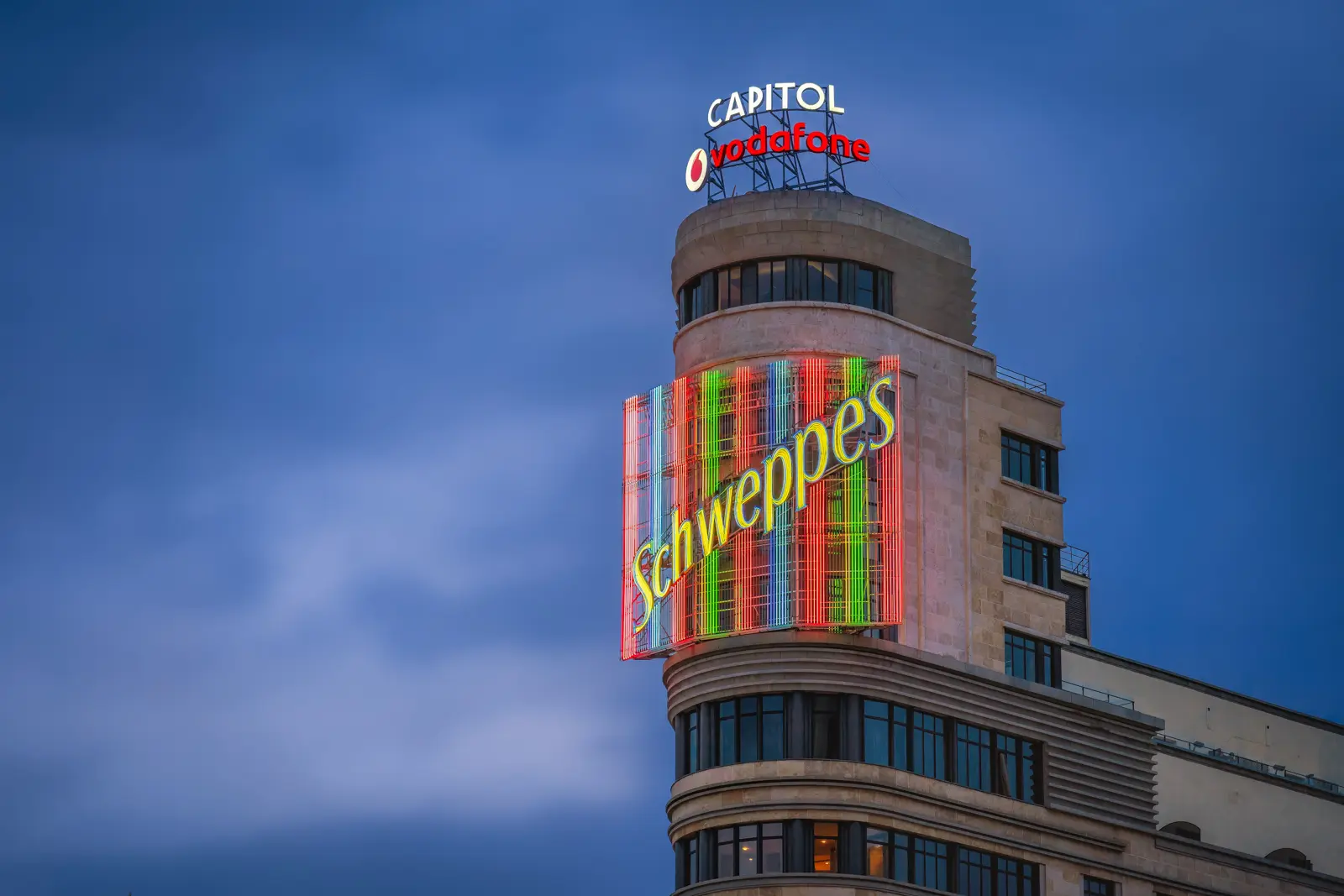 The Carrión Building, also known as the Capitol Building, with its iconic Schweppes sign on Gran Vía in Madrid
