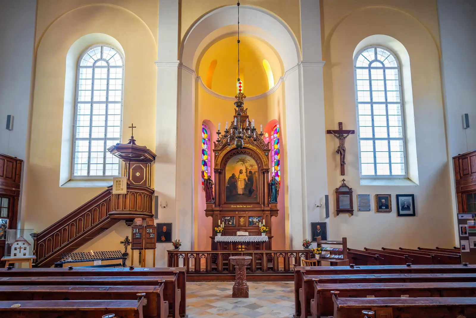 Minimalist interior of Evangelische Pfarrkirche Hallstatt with soft natural light, clean lines, and a serene reflective atmosphere