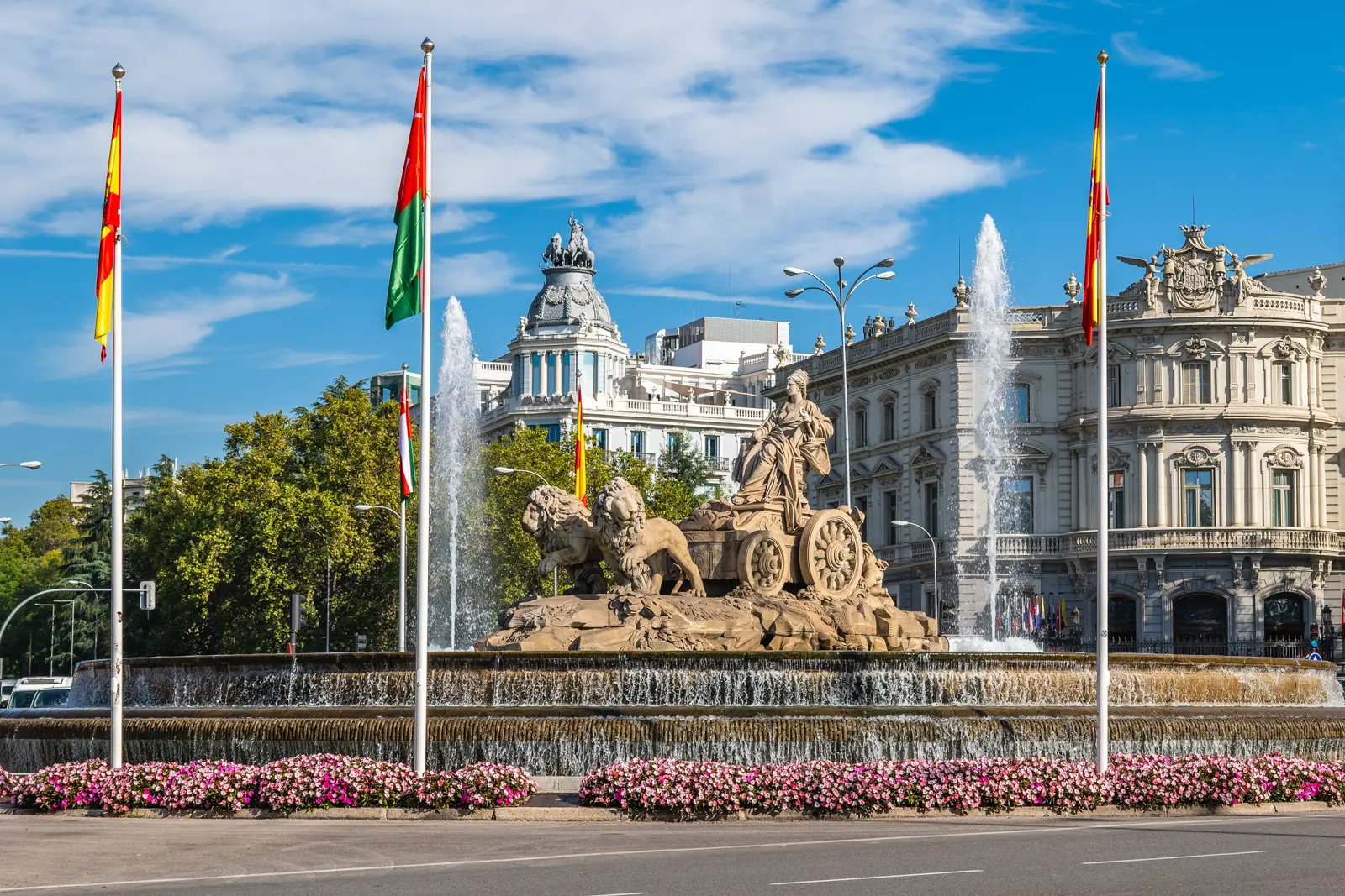 Close-up of the Fountain of Cybele at Plaza de Cibeles in Madrid showing the goddess on her lion-drawn chariot in Montesclaros marble