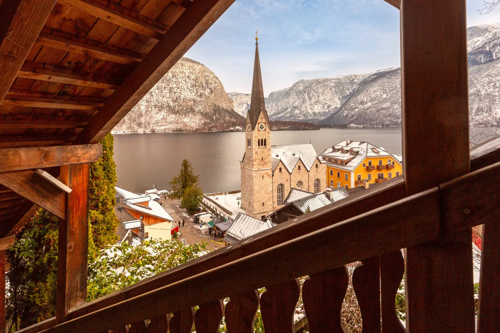 Scenic view of Hallstatt, Austria, from an elevated path, with the lake and mountains unfolding below
