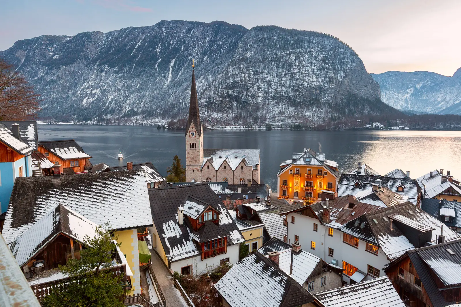 Snow-covered Hallstatt village in winter, capturing the cinematic alpine setting featured in Ballerina
