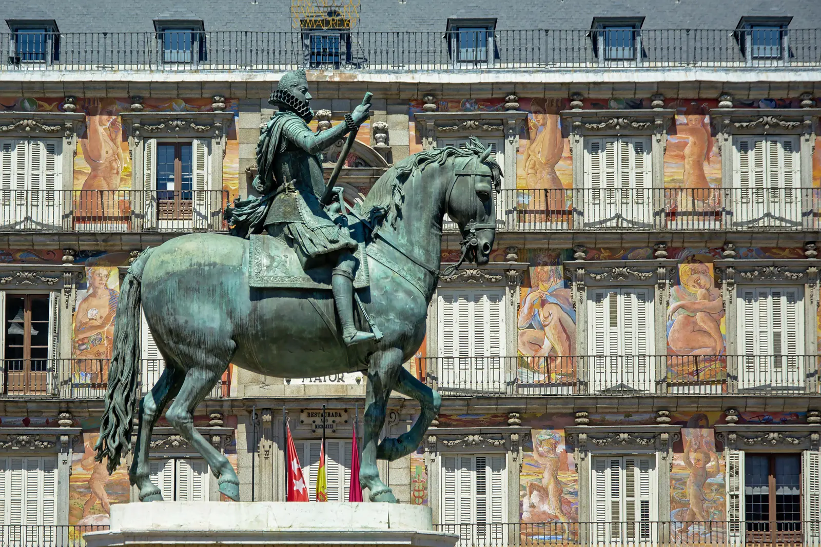Bronze equestrian statue of King Philip III at the center of Plaza Mayor in Madrid, created by Giambologna and Pietro Tacca in 1616