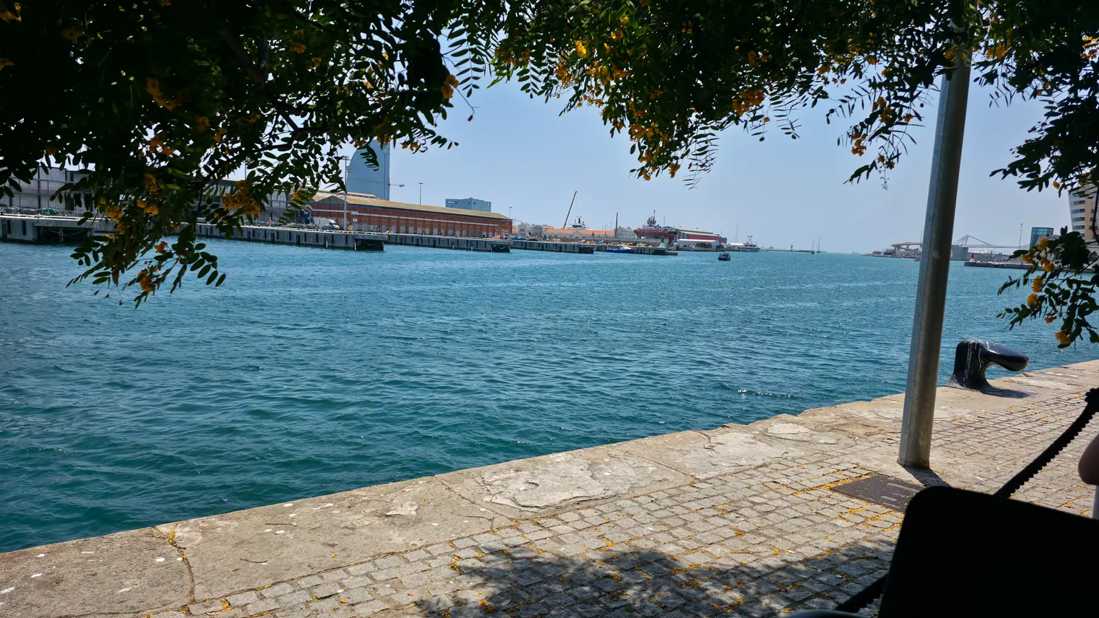 Panoramic view of Port Vell harbour from the Kurz & Gut Maremagnum terrace in Barcelona, with sailboats and the marina