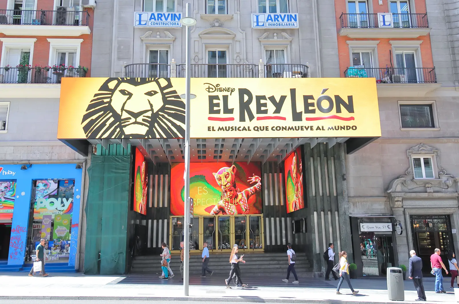 The Lion King musical marquee on Gran Vía in Madrid, reflecting the boulevard's reputation as Madrid's Broadway