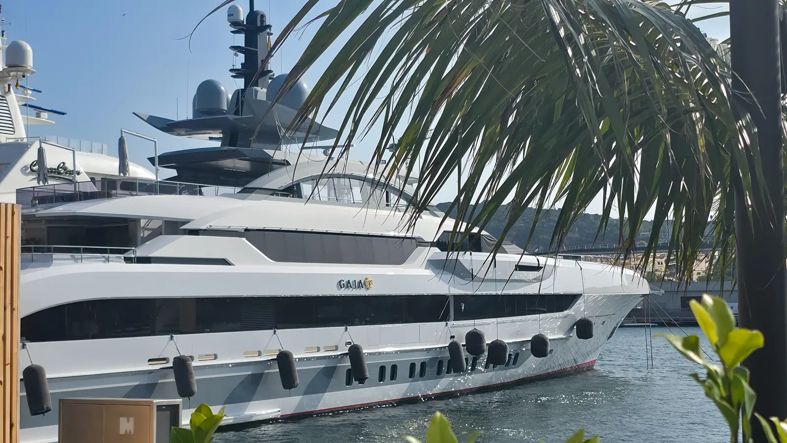 Large white superyacht moored at Marina Port Vell in Barcelona under bright midday sun with palm fronds in the foreground