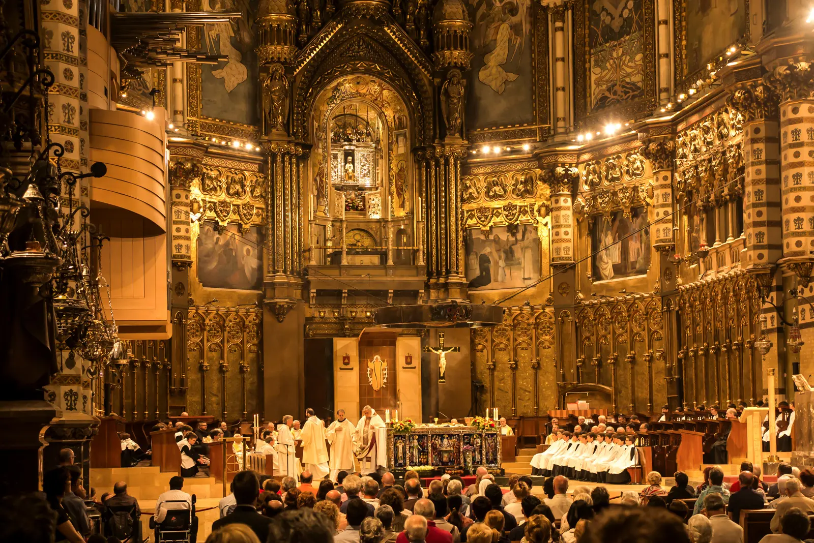 The Escolania de Montserrat boys' choir performing inside the Basilica of Montserrat, one of Europe's oldest choirs documented since the 14th century, filling the space with angelic harmonies