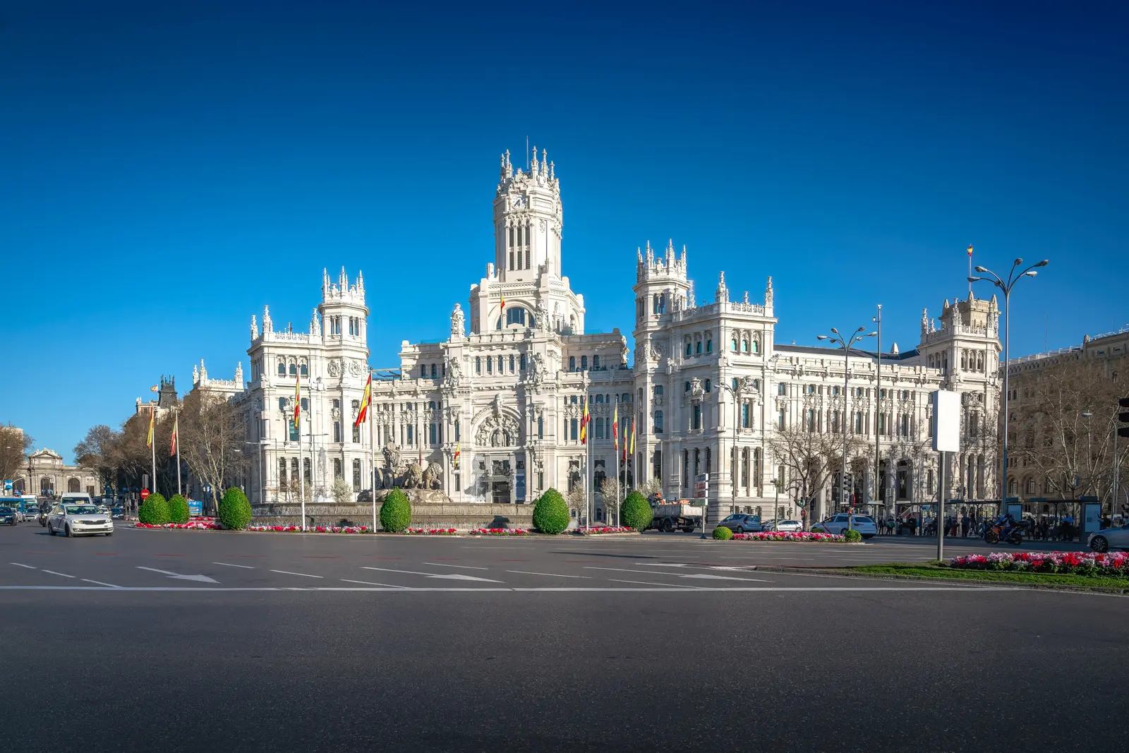 Palacio de Cibeles neo-Plateresque façade in Madrid now serving as City Hall with dramatic towers