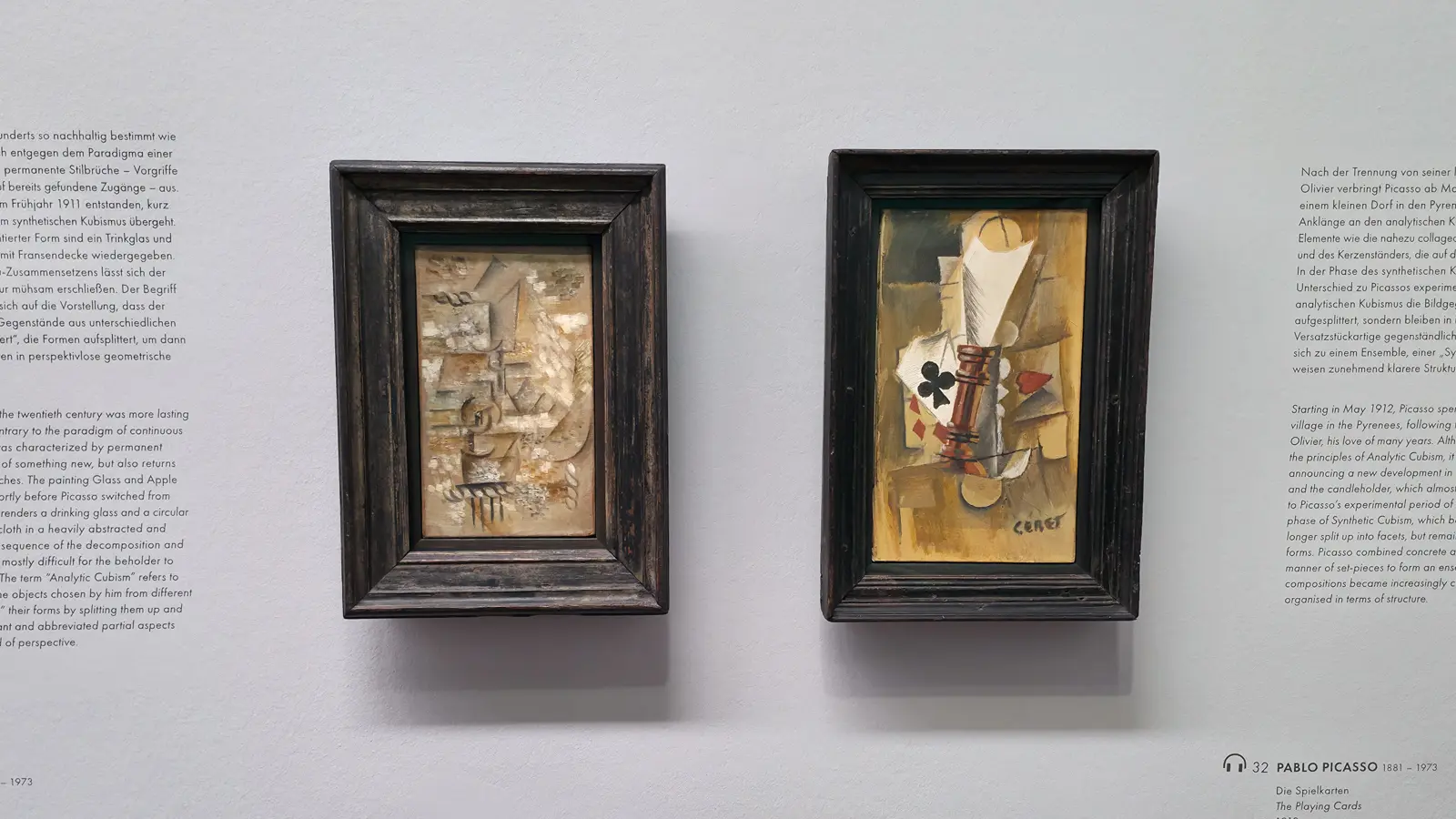 Pablo Picasso's Glass and Apple (1911) alongside The Playing Cards (1912) at the Albertina Museum, showcasing early Cubism