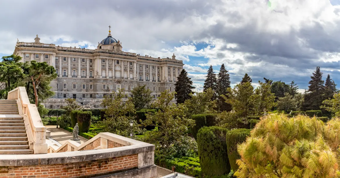 Panoramic view of the Sabatini Gardens with the Royal Palace of Madrid rising above the terraced gardens